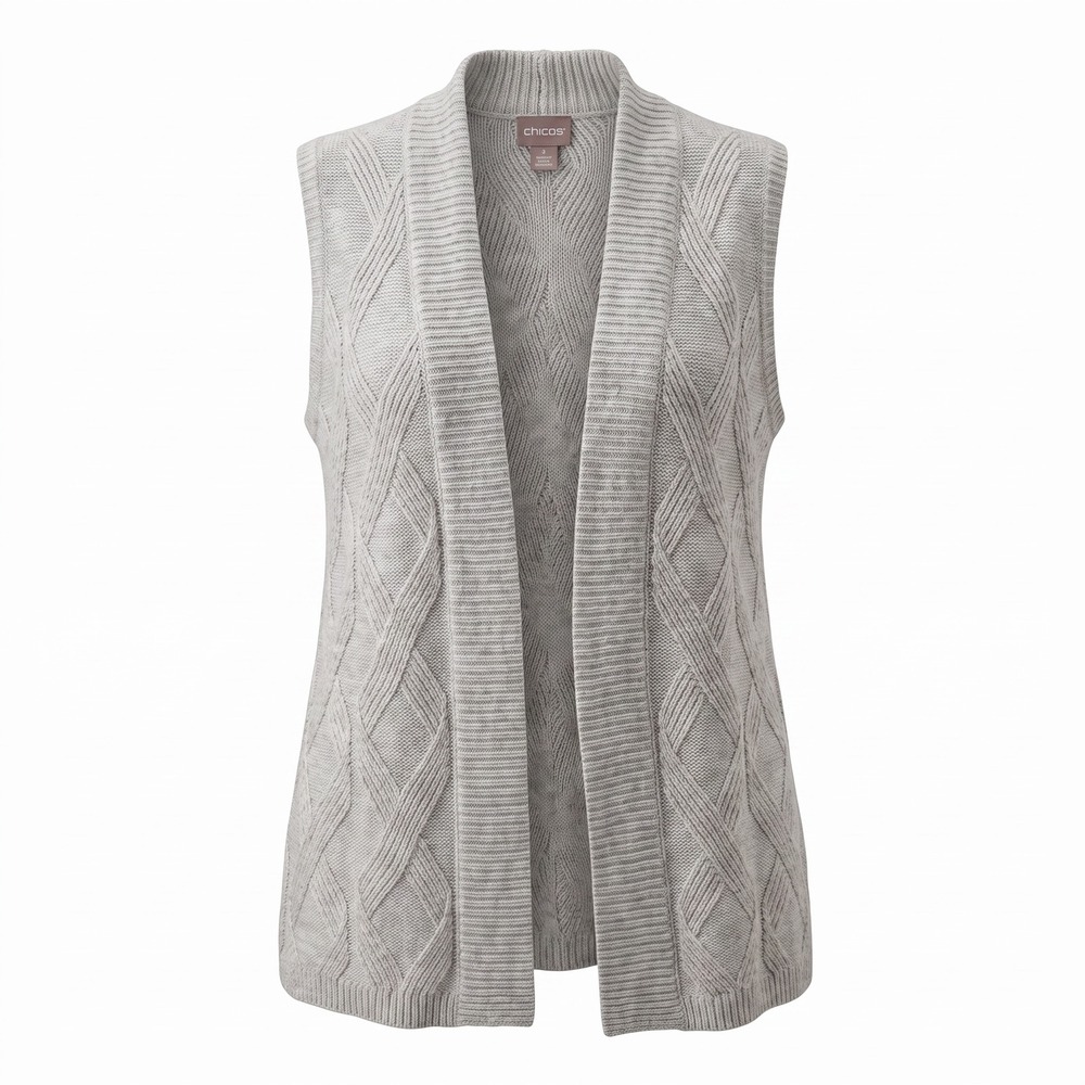 Chicos Cable Knit Sweater Vest 2 Large Gray Open Front Coastal Grandma Classic
